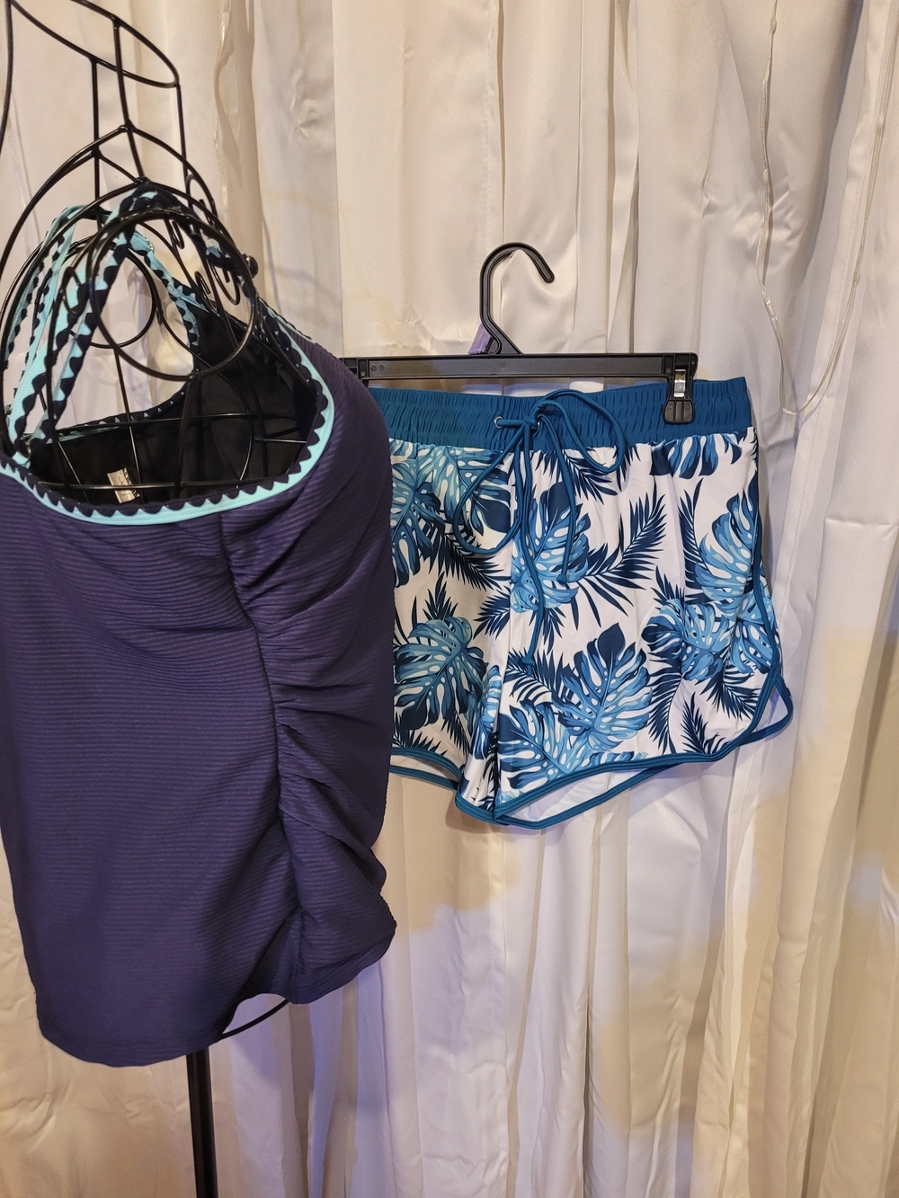 Amazon Navy Tankini Top with Aqua Trim & Blue Tropical Swim Shorts - Picture 2 of 4